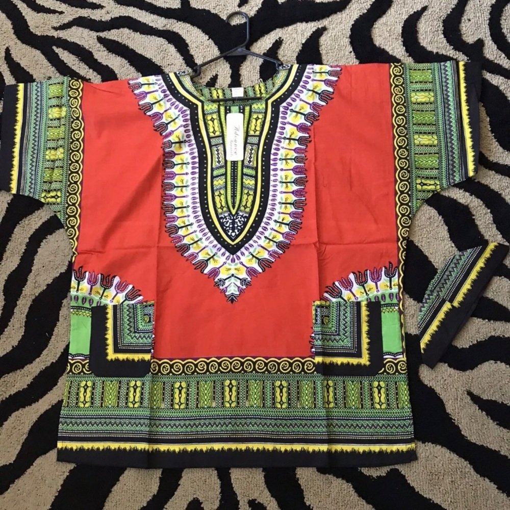 African Print Dashiki Men Women Shirt Traditional Vtg. Festive One Size - Orange